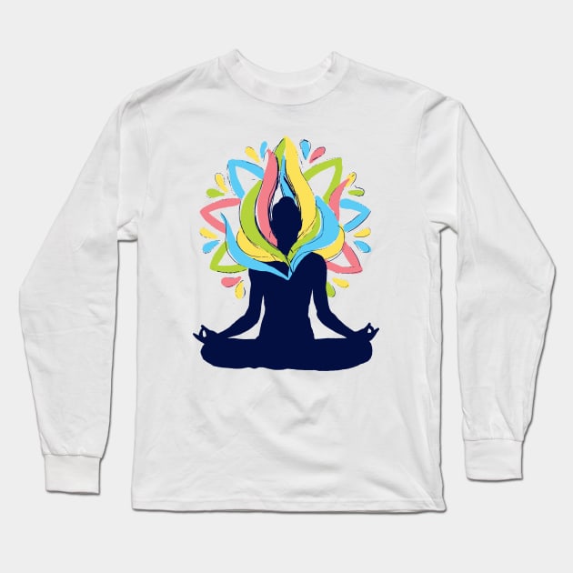 meditation yoga pose colorful Long Sleeve T-Shirt by Midoart